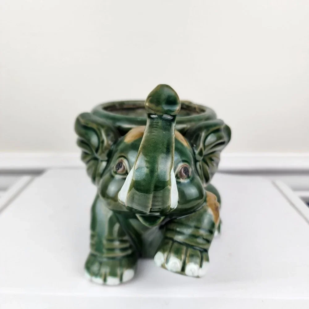 Green Majolica Elephant Planter Trunk Up